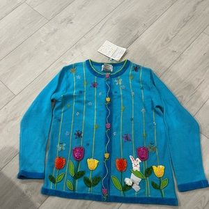 Vintage QUACKER FACTORY bright blue knit cardigan sweater Easter Tulips  Size S